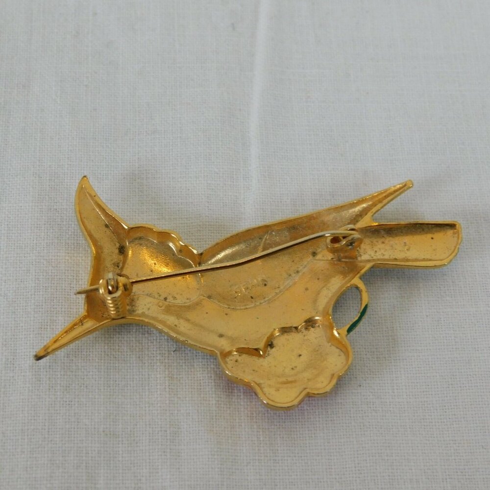 Bird Shaped Gold Tone Enamel Brooch Pin Textured Red Flower Spain 2" FLAW - Picture 6 of 8